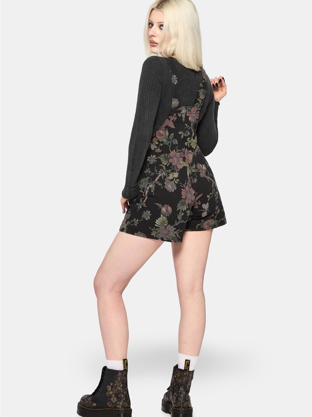 Disturbia Poison Eden Print Denim Dungaree Short Overalls Whimsigoth Alt Vibes - Picture 3 of 8
